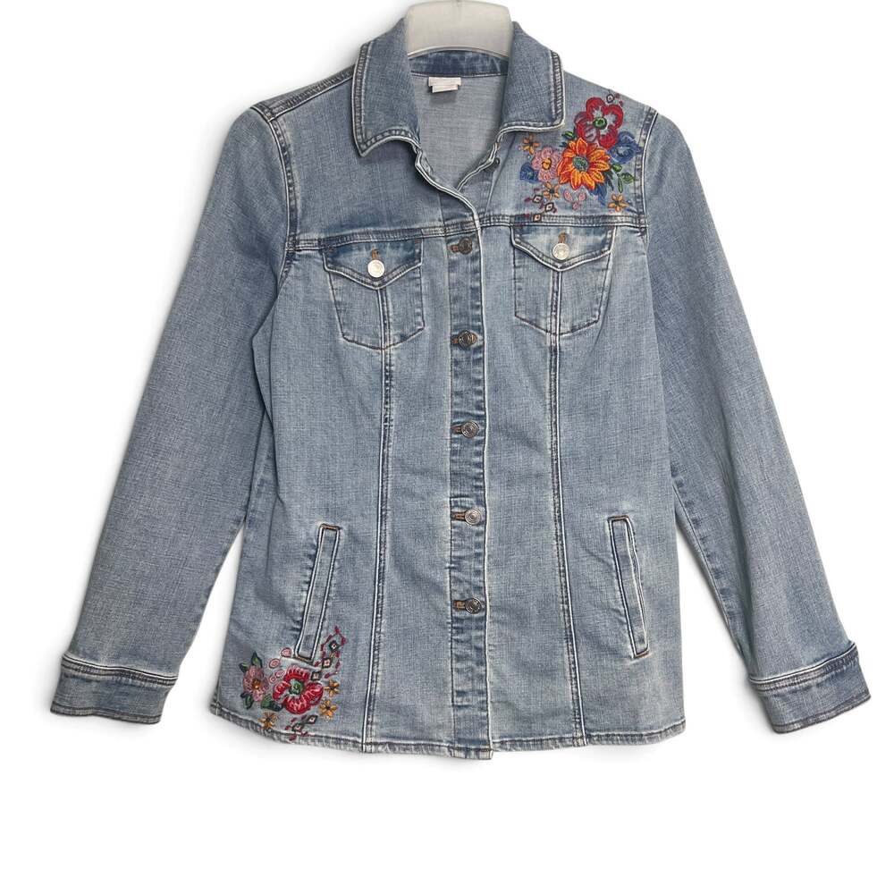Chicos Embroidered Floral Jean Jacket Denim Shacket Stretch Pockets Size 4